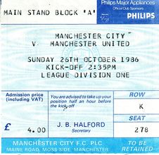 manchester united home 1986 to 87 ticket