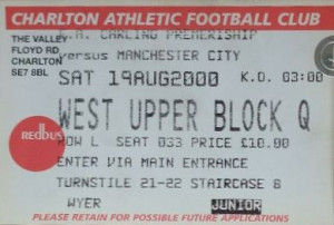 charlton away 2000 to 2001 ticket