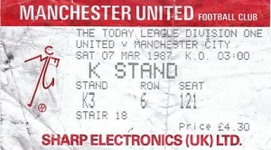 man united away 1986 to 87 ticket