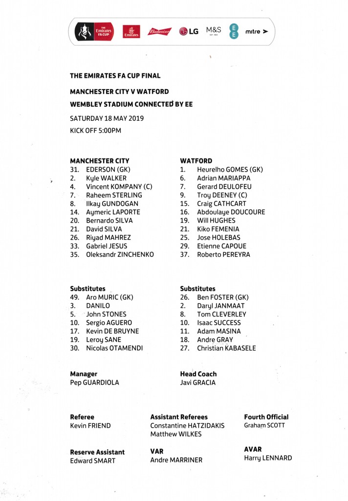 Watford FA Cup final 2018 to 19 teamsheet
